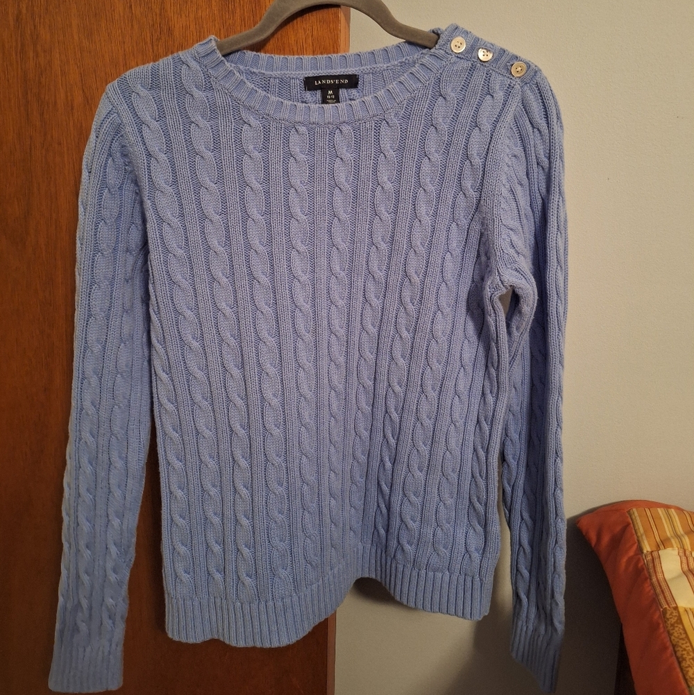 Lands' End Women's 100% Cotton Light Blue Cable Knit Sweater Size M